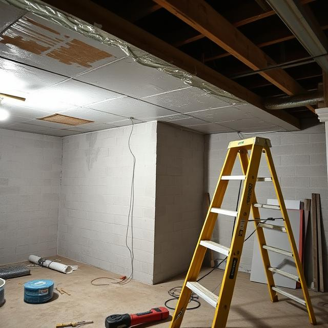 AI basement renovation with ceiling work and a ladder